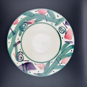 Vtg Hand Thrown Studio Pottery Bowl Shallow Cereal or Fruit Bowl Polychrome Abstract Flowers Swirls Catchall Trinket Dish
