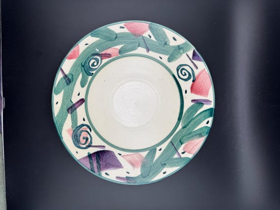 VTG Studio Keramik Schale Flach Müsli oder Obstschale Polychrome Abstrakte Blumen Swirls Catchall Trinket Dish