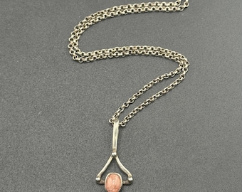 Vintage Silver Rhodonite Lavaliere Pendant on 17” Sterling Choker Neck Chain Pink Agate Cabochon Art Nouveau Arts & Crafts Inspired 6.4g
