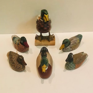 Vtg Collection 6 Miniature Folk Art Primitive Duck Sculptures Tiny Mallard Decoys Carved Rustic Carving Figurines Outsider Art Hunting Lodge
