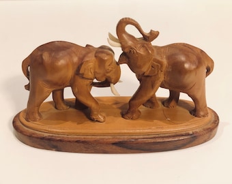 Sweet Vintage Carved Wooden Elephants Playful Pachyderms Miniature Trunk Up Elephant Carving Statuette Figurine Good Luck Symbol As Is