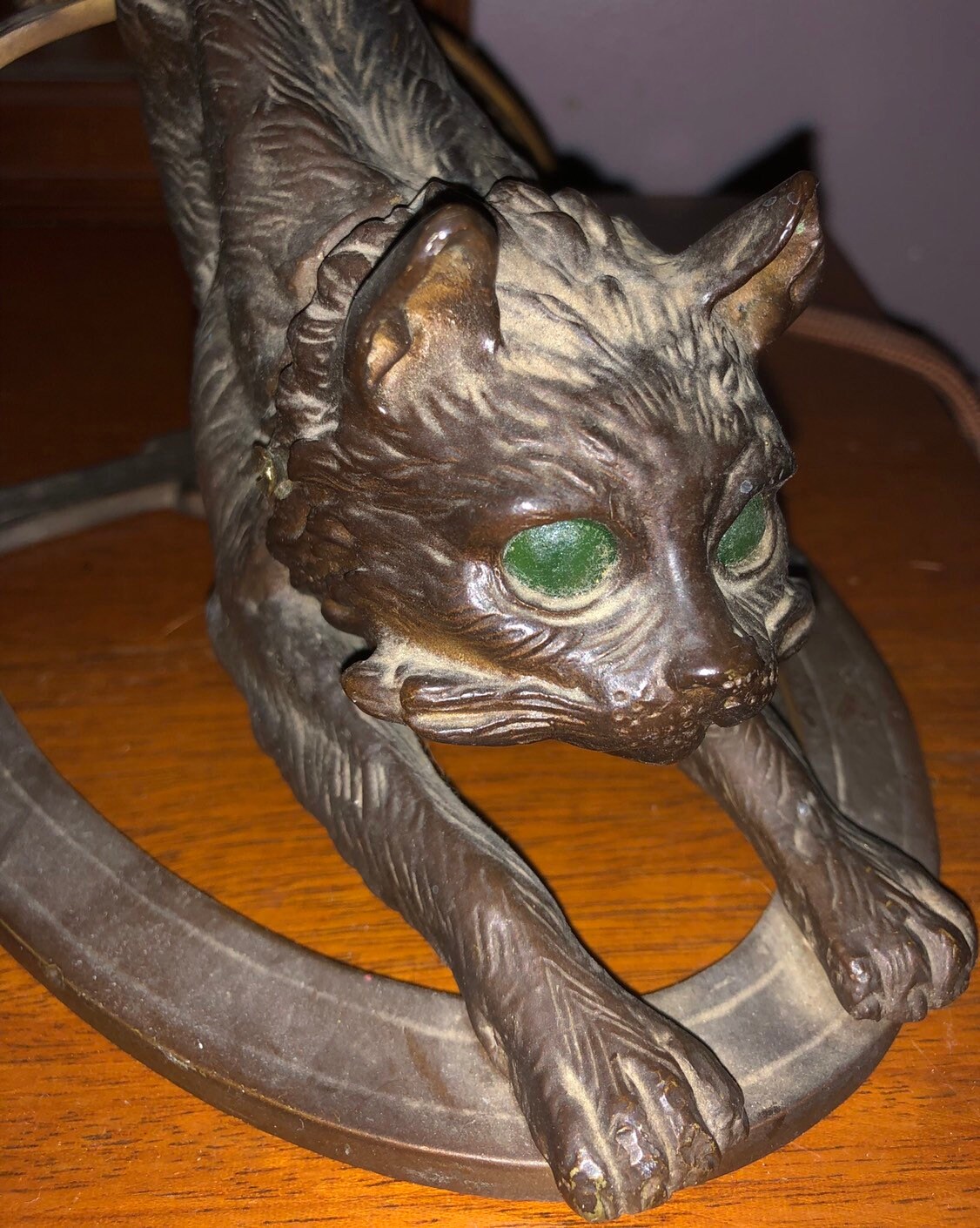 QUICK SALE Vtg Austrian Bronze Accent Cat Lamp Glowing Eyes Light