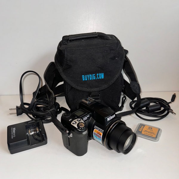 2003 Vintage Nikon Coolpix 5700 Digital Camera Bundle w 256 MB Memory Card New-ish Battery w  Carrying Case Tested Functional AS FOUND