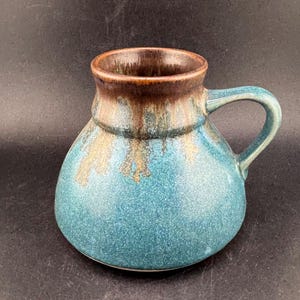 Pigeon Forge Pottery Wide Base Ceramic Mug w Teal & Brown Drip Glaze Spillproof Coffee or Hot Cocoa Cup
