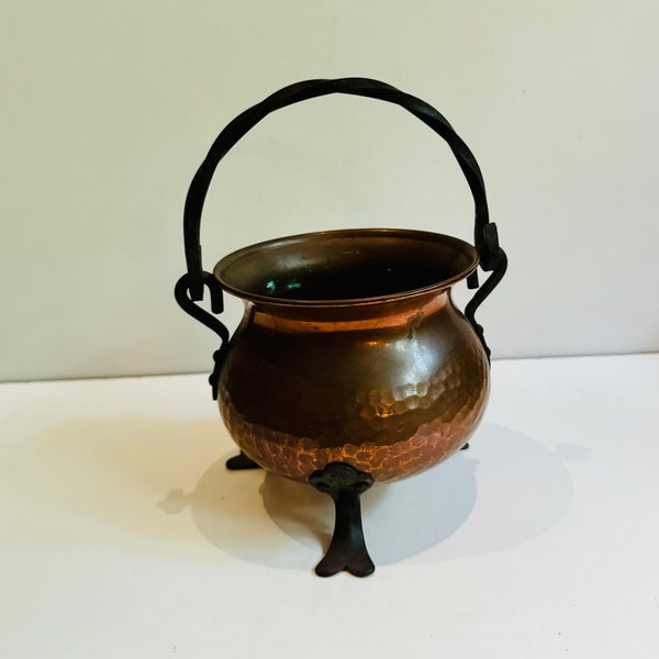 Miniature Vintage German Hammered Copper Cauldron w Cast Iron Handle Footed Bowl Copper Kettle Pot Farmhouse Kitchen Table Halloween Holiday