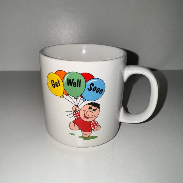 Vintage 1980s Whimsical Get Well Soon Coffee Mug Cartoon Kid w Balloons Uplifting Gift Russ Berrie Drinking Cup EUC