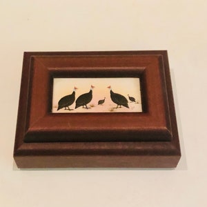 Vintage African Crafters Market Miniature Hinged Trinket Stash Box w Black Wild Turkeys on Lid