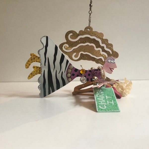 Whimsy Christmas Ornament Fanciful Flights Karen Rossi for Silvestri Hand Painted Zebra Shopper Flying Lady She Shed Decor Shop Til You Drop