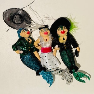 3 Vintage December Diamonds Cabernet Mermaid Ornaments Sequined Feathers Hats Fish Face Ladies  Whimsical Christmas Tree Decor