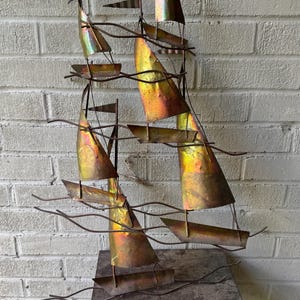 Vintage MCM Modernist Torch Cut Metal Sailboat Sculpture Curtis Jere Style Brutalist Wall Art Enesco Hong Kong 1960s Nautical Coastal Decor