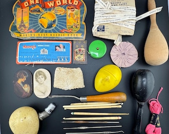 Vintage Sewing Collectibles Junk Drawer Estate Collage Destash Crochet Tatting Darning Eggs Measuring Tape Needle Book Thimbles Notions