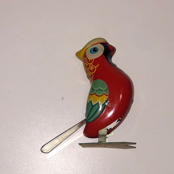 Vintage Jumping Parrot Lithographed Tin Toy 1980s Wind-Up Bird Toy As Is NO KEY Made in China Blic Wind Up Toy Parrot Red Decorative Toy