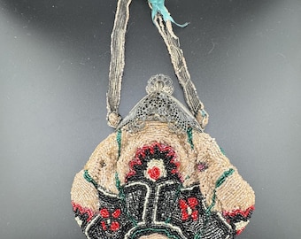 Antik filigran inramad pärlväska original sidenfodrad spegel nouveau deco chatelaine handledsrem roaring twenties flap mörk akademia