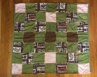 Small Vintage Mid Century Patchwork Quilt Throw or Wall Hanging Green and Pastel Pink Modernist Abstract Patterned Squares