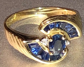 Vintage Sapphire Diamond Ring Art Deco Revival 10K Gold Ring size 7