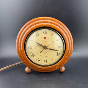Vintage Mid Century Wooden Telechron Electric Clock Alarm Desktop Clock Concentric Drumhead Face Ball Feet Original Cloth Cord Model #7H133