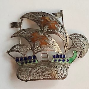 Antique Silver Filigree Enameled Portuguese Galleon Brooch Handmade Vermeil Gold Gilt w Enameling