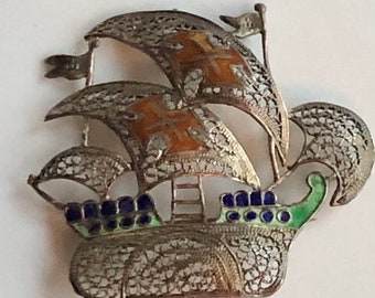 Antique Silver Filigree Enameled Portuguese Galleon Brooch Handmade Vermeil Gold Gilt w Enameling