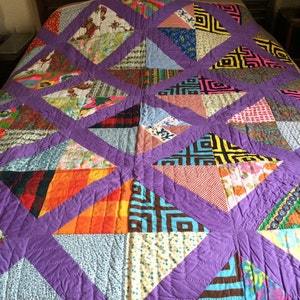 Fabulous Vintage Mid Century Purple Geometric Quilt Roosters Sailors Patchwork Handmade Folk Art Quilt Georgia Southern Primitive Wall Art