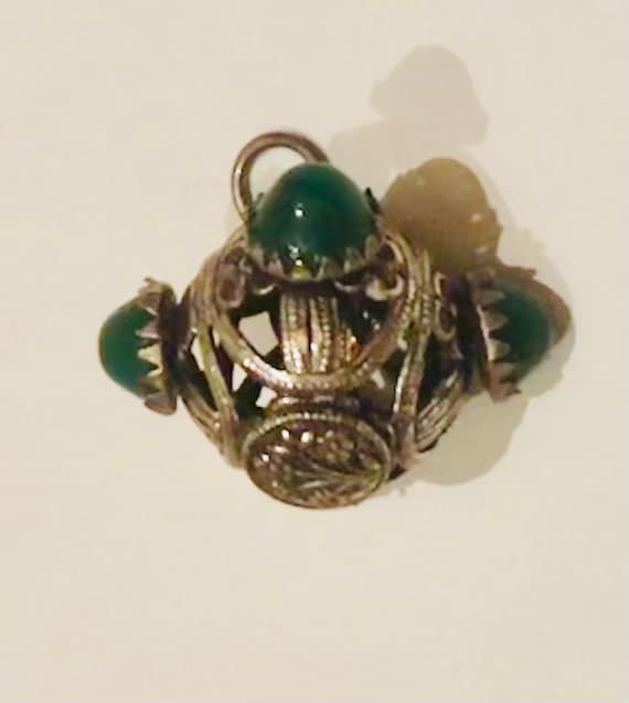 Vintage Ornate Silver Faux Jade Bauble Ball Penda… - image 1
