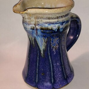 Handmade Vintage Art Pottery Cream Pitcher Miniature Pitcher Creamer Purple Blue Drip Glaze Artist Signed
