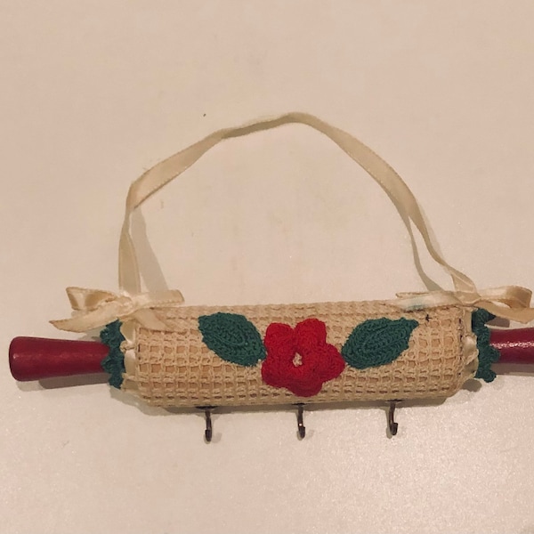 Vintage Hand Crocheted Miniature Rolling Pin Key Hook Wall Hanging Bright Red Flower Country Kitchen Primitive Wall Art Cottagecore