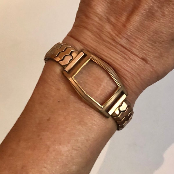 Vintage Rose Gold Tone Mid Century Art Deco Style Expandable Watch Band Bracelet & Case As Found for Upcycling or Wristwatch Restoration