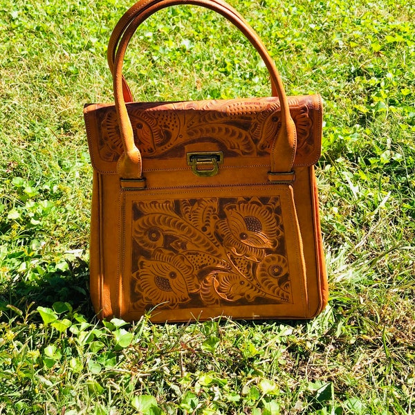 Vintage Hand Tooled Hippie Mexican Handbag & Change Purse Gaitan Genuine Leather Hand Carved Handmade in Mexico Floral Design Near Mint!