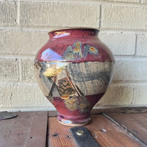 Vintage Hand Turned Bob Hasselle Studio Vase Earth Tones Red Drip Glaze Bulbous Flower Vase Artist Signed S Carolina Southern Art Pottery
