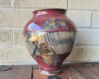 Vintage Hand Turned Bob Hasselle Studio Vase Earth Tones Red Drip Glaze Bulbous Flower Vase Artist Signed S Carolina Southern Art Pottery