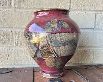 Vintage Hand Turned Bob Hasselle Studio Vase Earth Tones Red Drip Glaze Bulbous Flower Vase Artist Signed S Carolina Southern Art Pottery