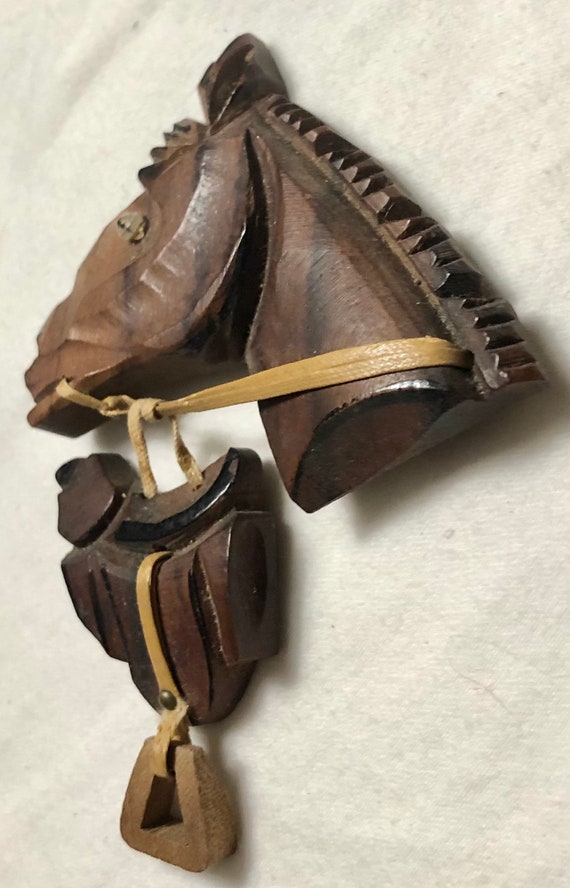 Vintage Carved Midcentury Leather & Wood Horse an… - image 6