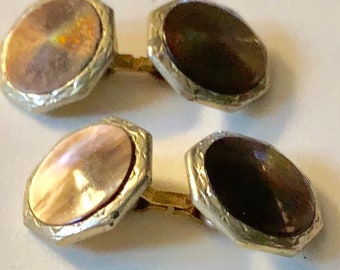 Gemelos antiguos Art Déco de abulón, joyería de esmoquin de oro laminado, accesorios para trajes formales de caballero