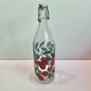 Two Vintage Tall Italian Glass Bottles Each with Porcelain Stopper Lid w Cherries Made in Italy 1990s