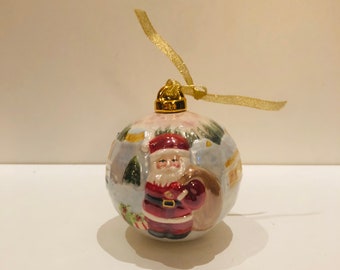 Lustrous Ceramic Raised Santa Claus Christmas Ball Ornament in Gift Box Stocking Stuffer Hostess Housewarming Tree Trimming Party Present