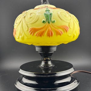 Odd Antique Glass Lamp Globe & Base Components Broken Custard Glass Shade GLOWS Parts Restoration or Props Victorian Decor DAMAGED As Is