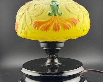 Odd Antique Glass Lamp Globe & Base Components Broken Custard Glass Shade GLOWS Parts Restoration or Props Victorian Decor DAMAGED As Is