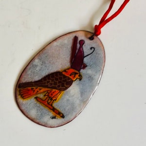 Vintage MCM Copper Enamel Pendant Necklace Miniature Tropical Bird Painting Artist Signed One-of-a-Kind Mid Century Red Orange Tropical Bird