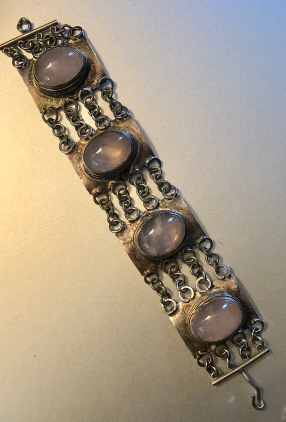 Vintage Brutalist Rose Quartz Bracelet Heavy Silve