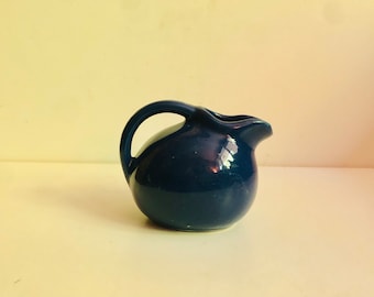 Adorable Vintage Miniature Ball Jug Water Pitcher Creamer Dark Blue Crockery Country Kitchen Cottage Core American Art Pottery