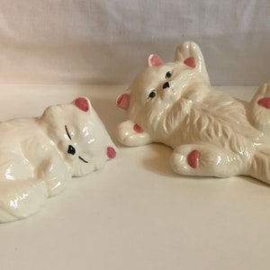 Cuddly Pair of Fluffy White Ceramic Playful Kittens Hobbyist Artist Signed ca 2000 Sleeping Kitty Cat Figurine Belly Rub Cat Lady Gift