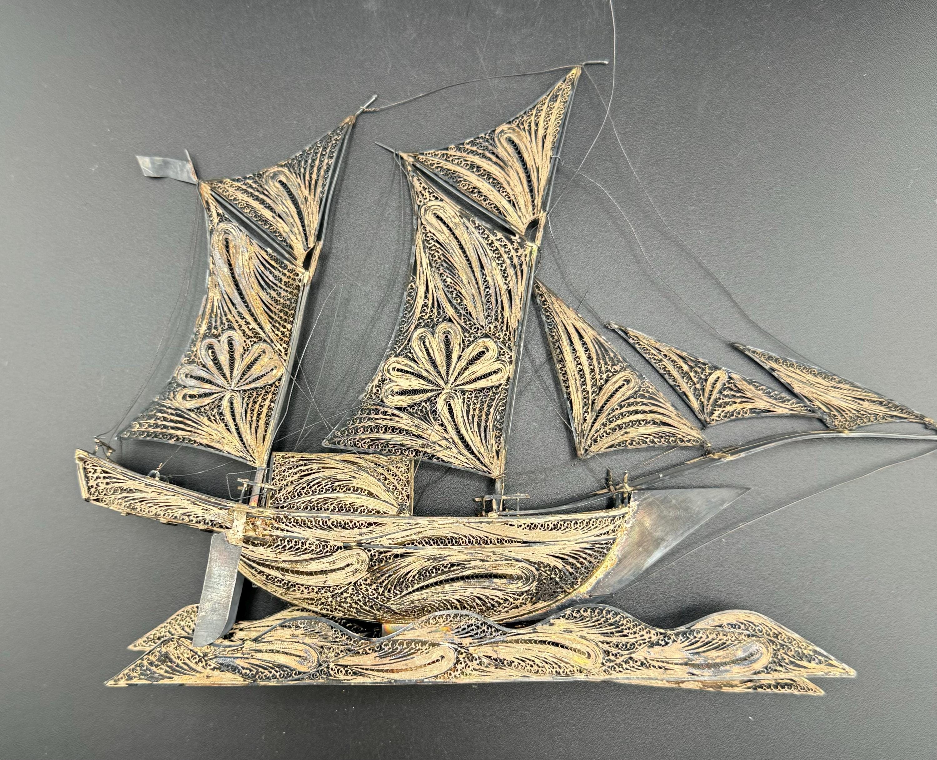 Amazing Antique Spun Silver Wire Filigree Indonesian Ship