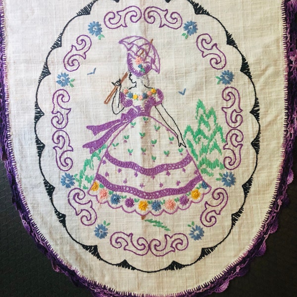 Antique Art Deco Linen Table Runner Embroidery Southern Belle Lady w Parasol & Purple Dress Crochet Lace Border 40” Long She Shed Tea Party