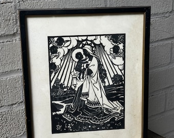 Beautiful Vintage Papercut Virgin Mary & Baby Jesus Framed Silhouette Wall Art Madonna w Christ Puttis Angels  Scherenschnitte Zimmerman?