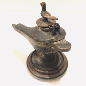 Grand Tour Bronze Byzantine Oil Lamp Double Spout Hinged Lid Dove of Christ Mideastern Style Ancient Replica