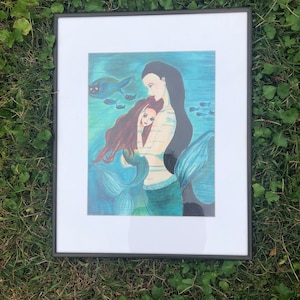 Original Mermaid Embracing Mer Child Watercolor Cat Faces on Swimming Fish Nautical Sea Life Wall Hanging Belizian Artist Signed by Brown
