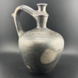 Antique European 1908 Blackware Jug Wine Vessel Drinking Pitcher Upcycled Bud Vase Primitive Kitchen Decor Folk Art Pottery Rustic Farmhouse