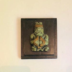 Vtg Toltec Mayan Wall Hanging Statue Green TurquoiseComposite Figurine Chichenitza Incan Mythological Precolumbian Mexican Warrior Plaque