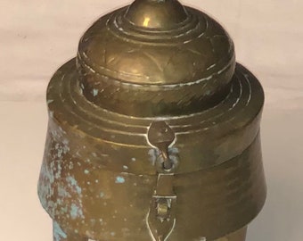 Large Antique Brass Betel Nut Box India or Middle Eastern 3 Footed Hinged Trinket Container Verdigris As Is SALE