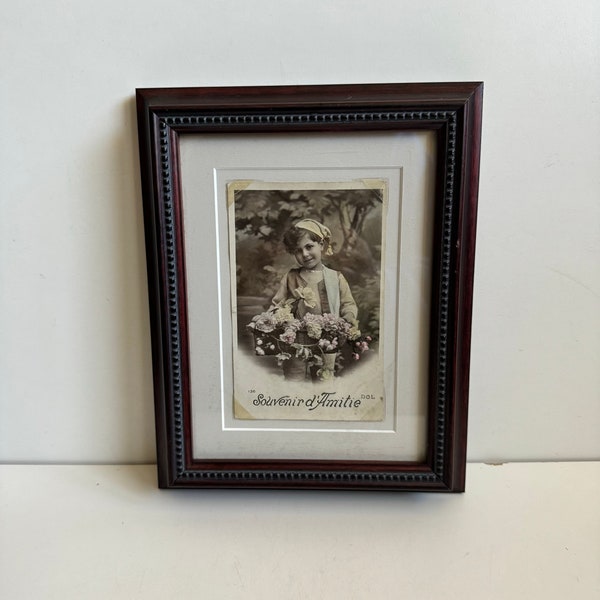 Charming Framed Antique French Victorian Postcard Print “Souvenir d’Amitie” Memento of Friendship Child with Flowers Romantic Paris France